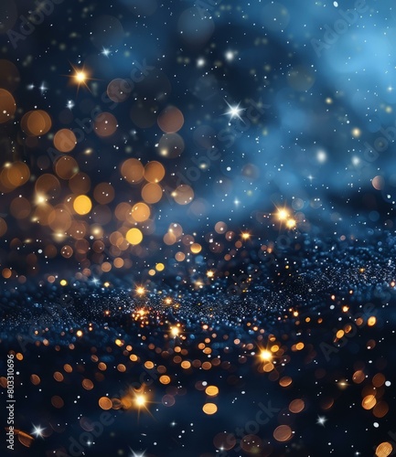 Blue and gold glitter texture with stars. Christmas, New Year background.