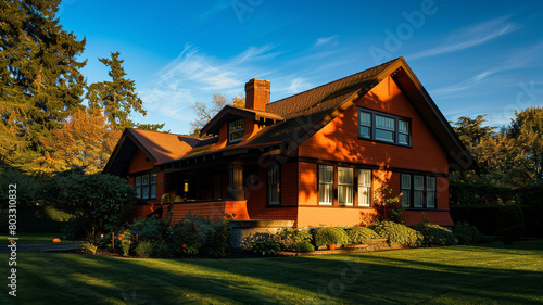 Wide angle of a terracotta orange craftsman cottage with a gambrel roof, set against the late afternoon sun, casting long, dramatic shadows and creating a warm, inviting presence.