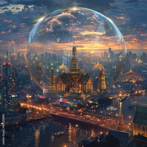 Vibrant Bangkok Metropolis Enshrined in a Luminous Glass Dome A Modern Urban Oasis