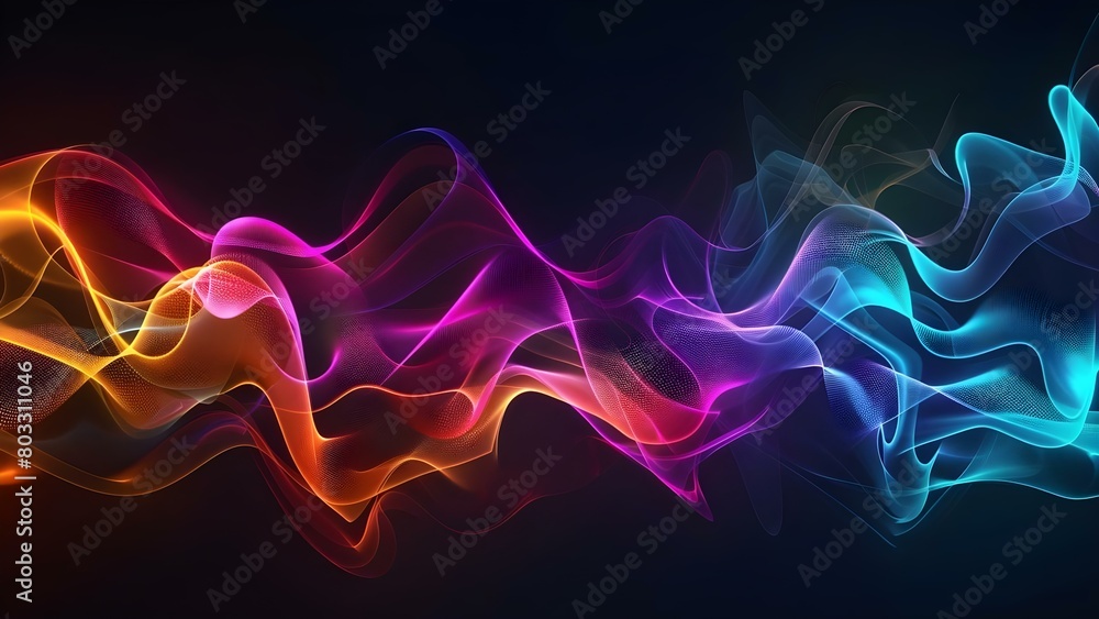 Abstract cyberpunk colors with glowing waves and smoke on black background. Concept Cyberpunk, Abstract, Glowing Waves, Smoke, Black Background