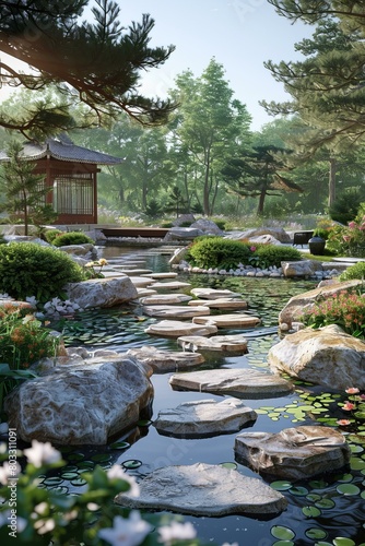 Stepping Stones in a Landscaped Garden with a Pavilion