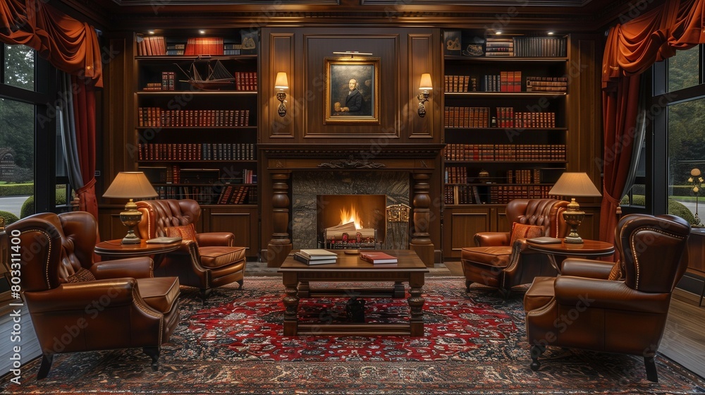 Cozy Executive Suite with Plush Armchairs and Fireplace, generative ai