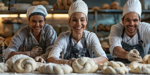 Three bakers are making bread in a bakery. photo