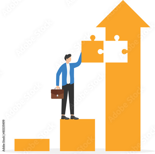 Solution or growing business concept, businessman put piece of jigsaw puzzle to complete rising up arrow metaphor of growth

