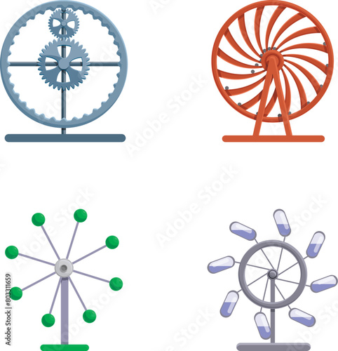 Perpetuum mobile icons set cartoon vector. Various perpetual motion machine. Invention, device
