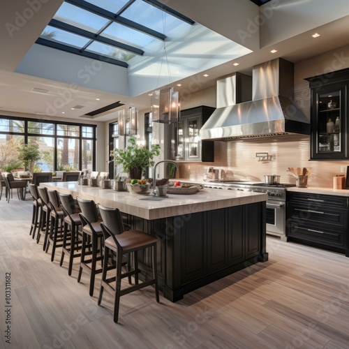 Modern kitchen island with black cabinets and white marble countertops