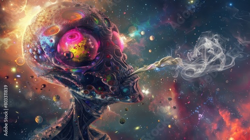 big eyed alien in space smoking psychedelic art AI generated photo