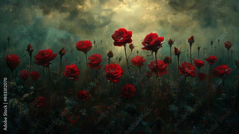 Obraz premium Mystical Dark Roses in Stormy Sky, generative ai