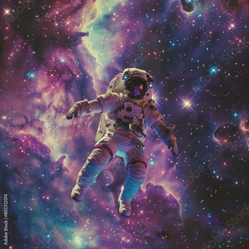 Astronaut in Space with Colorful Nebula and Stars