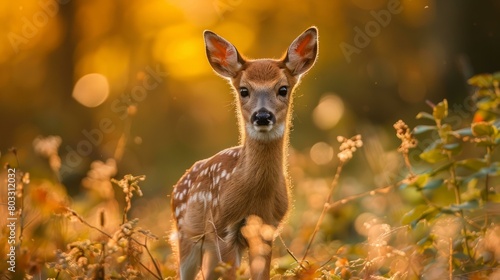 A cute deer fawn standing in a field of tall grass and wildflowers