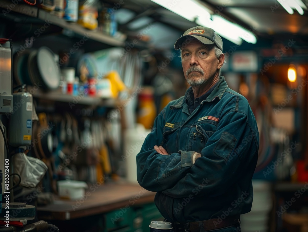 Portrait of a serious looking man wearing a cap in a workshop