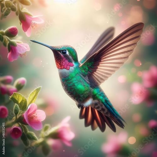 Ruby-throated Hummingbird (Archilochus colubris) Its emerald-green feathers shimmer in the sunlight, while a flash of ruby below its throat attracts attention with every subtle movement.