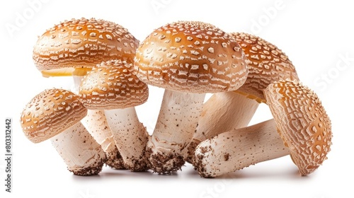 A cluster of brown mushrooms with white spots on their caps photo