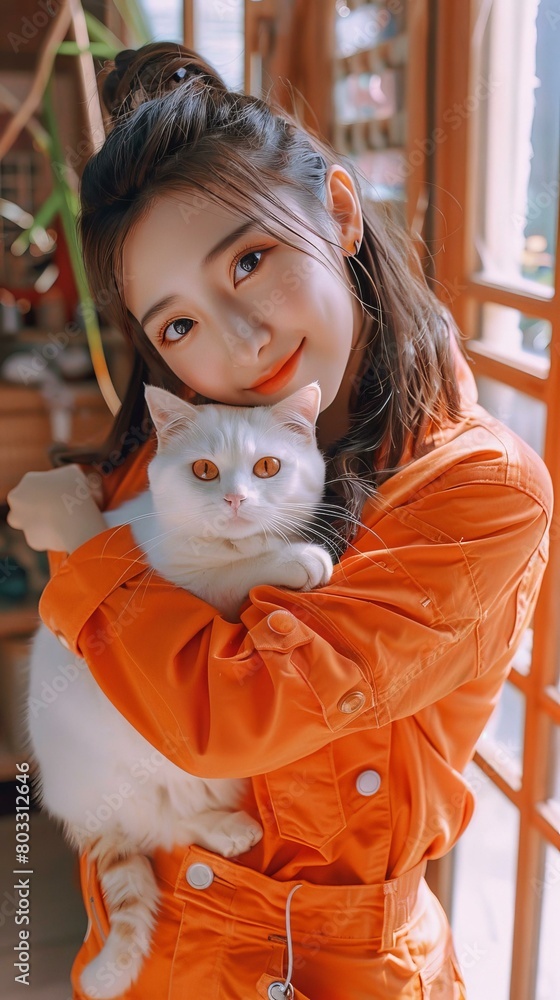 An Asian woman hugging a white cat while smiling An Asian woman hugging a white cat while smiling