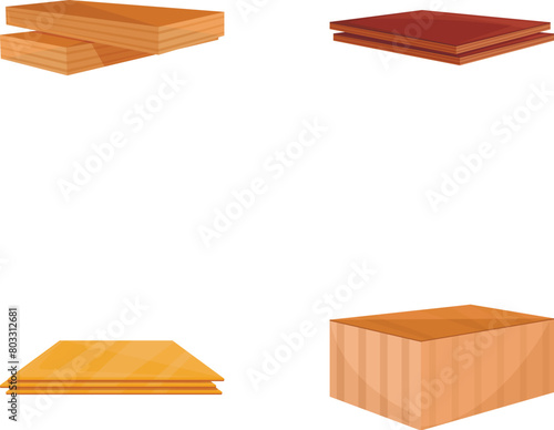 Wooden plank icons set cartoon vector. Timber plank such as parquet and laminate. Construction material