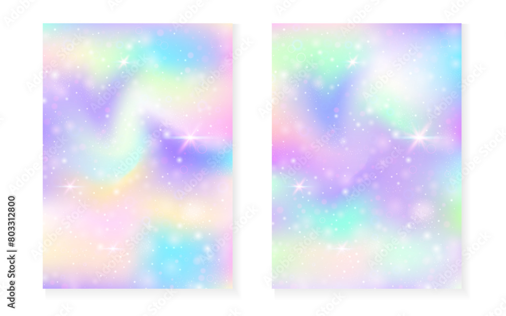 Princess background with kawaii rainbow gradient. Magic unicorn hologram. Holographic fairy set. Multicolor fantasy cover. Princess background with sparkles and stars for cute girl party invitation.