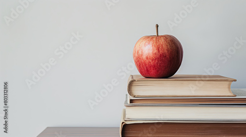 A juicy red apple resting on top of a selection of hardcover books, insinuating intellect and a healthy mind photo