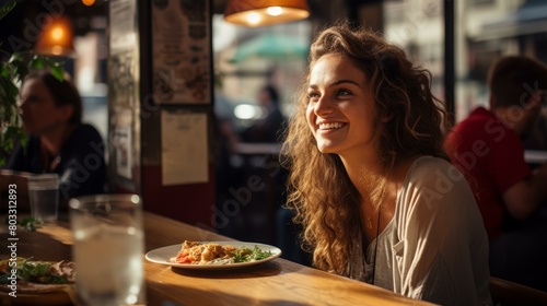Wallpaper Mural Smiling woman eating a healthy meal at a restaurant Torontodigital.ca