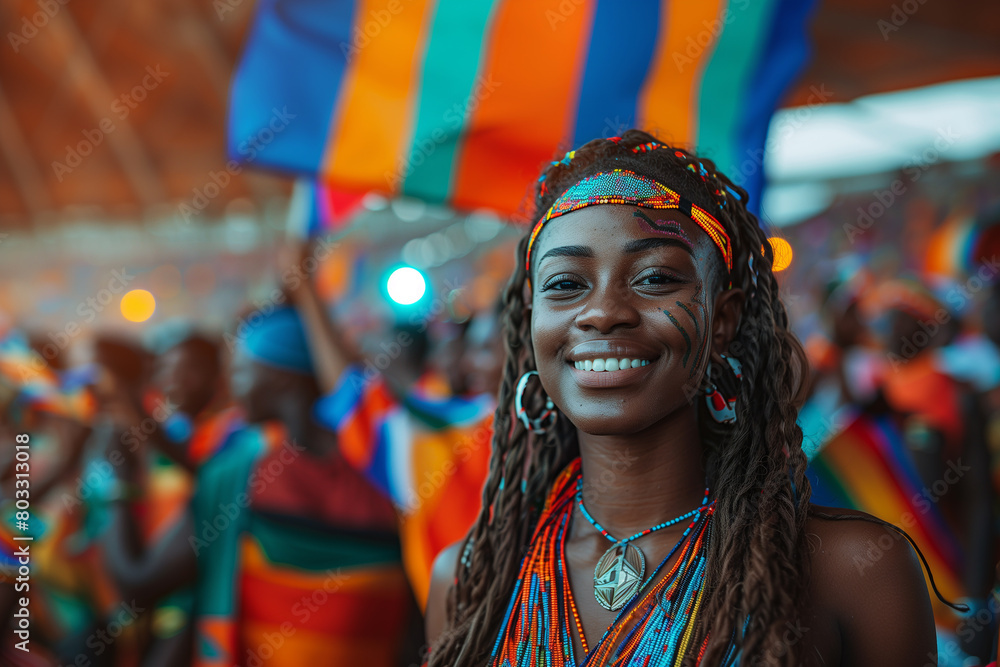 African Cup of Nations stadium packed with passionate fans waving flags and chanting slogans .A happy woman with a smile holds a colorful flag in front of a fun crowd