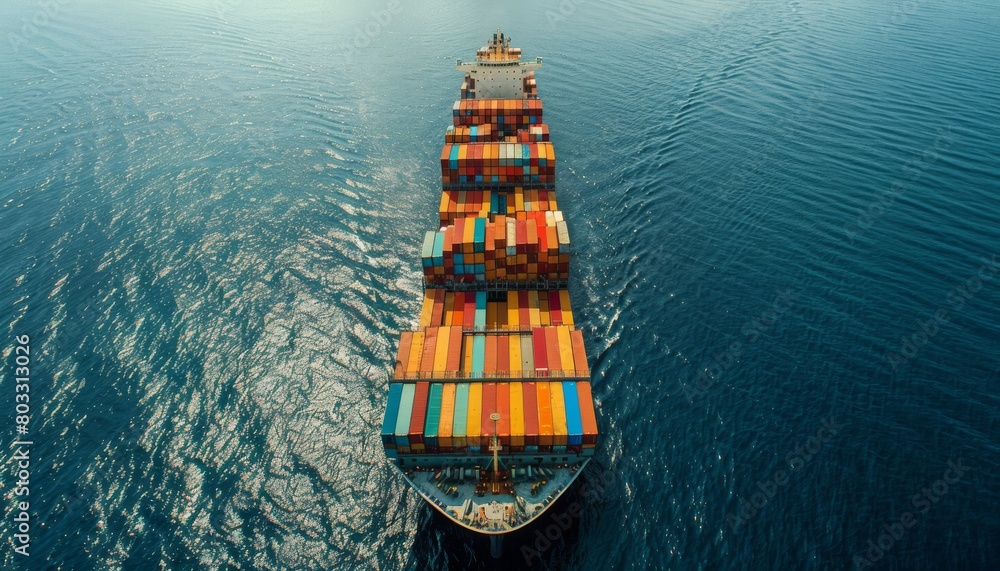 An aerial view of a container ship transporting cargo containers, showcasing the logistics of import and export transportation from an angled perspective