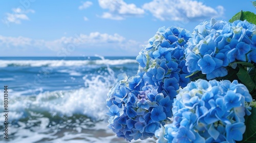blue skies with blue hydrangeas billowing over rough waves AI generated photo