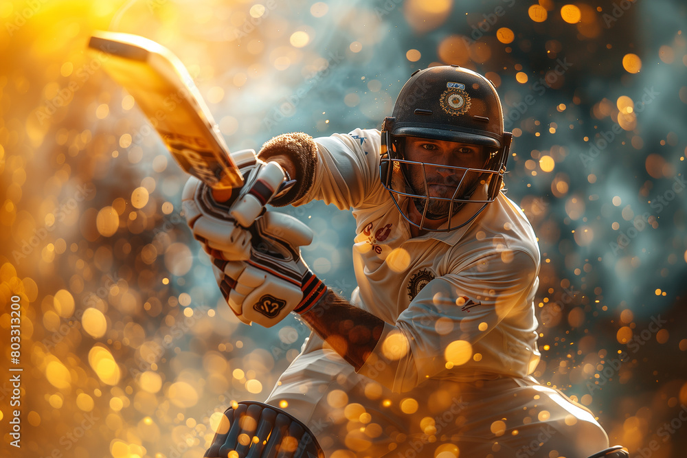 Dynamic ICC World T20 cricket action shot as batsman strikes a powerful six .A fictional character swings a bat in the darkness, creating smoke and heat