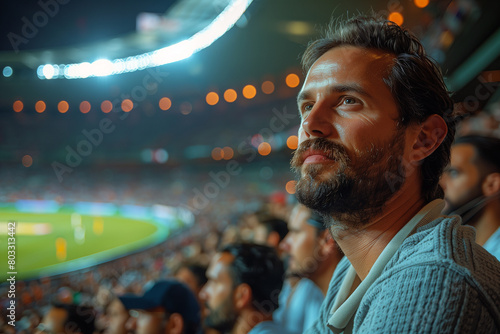 Packed cricket stadium buzzing with anticipation during an ICC World T20 match .A fan with a beard is enjoying a soccer game at the World Cup stadium photo