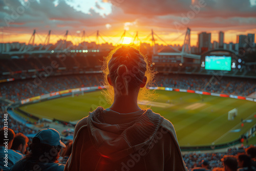 Packed cricket stadium buzzing with anticipation during an ICC World T20 match .a woman is watching a soccer game in a stadium at sunset