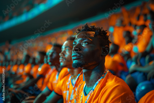 Proud moment as African Cup of Nations players sing their national anthem before a match .Crowd in stadium wearing orange shirts for an event photo