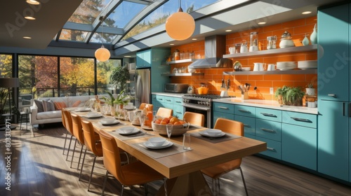 Blue and orange kitchen with large windows