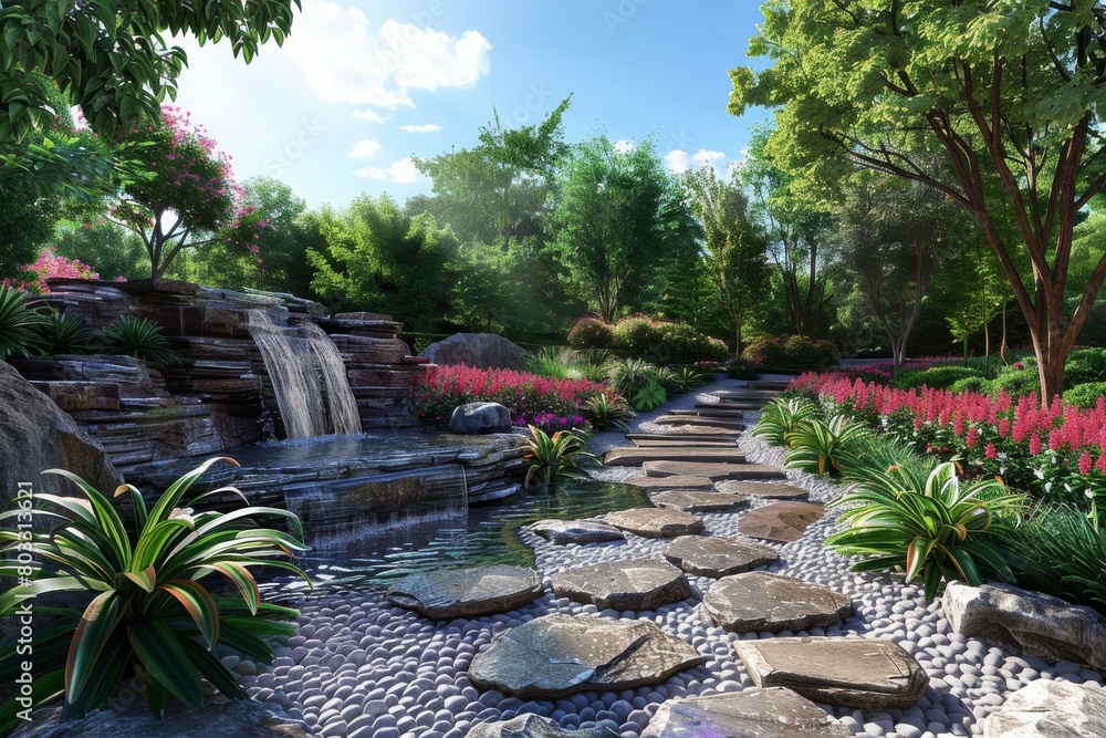 Pebble path in a lush garden with a waterfall and pink flowers