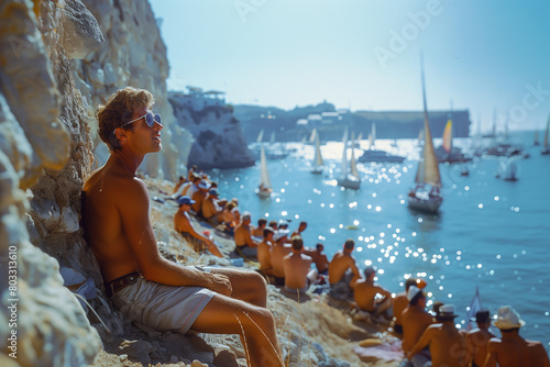 Spectators lining the shores, eagerly watching the thrilling America's Cup regatta unfold .Man sits on cliff gazing at ocean, boats passing by, under vast sky