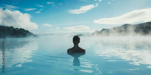 Man Soaking in a Geothermal Spa in Iceland photo