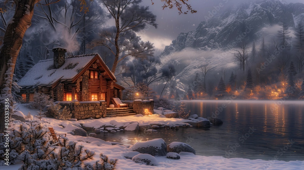Cozy Cabin Retreat in Snowy Landscape, generative ai Cozy Cabin Retreat in Snowy Landscape, generative ai