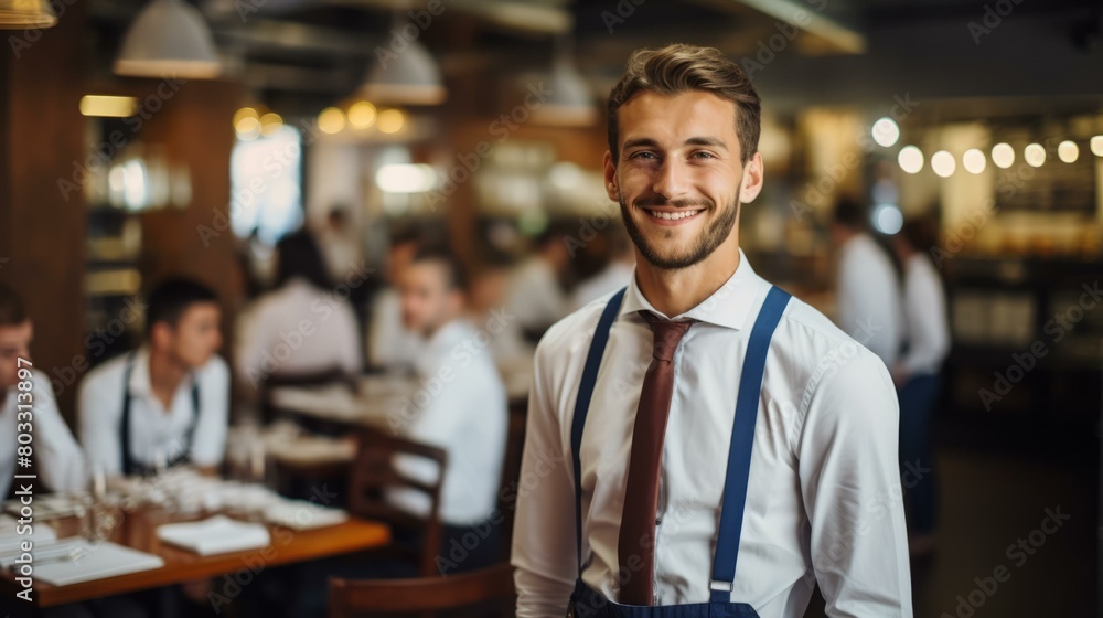 portrait of a smiling waiter in a busy restaurant