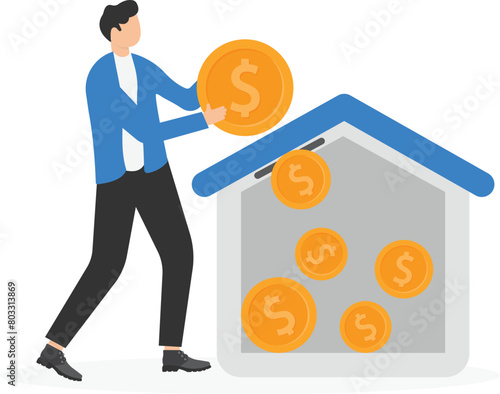 Make a savings plan to buy a home or home loan. House debt, Pay off house. Man put money coin in the house
