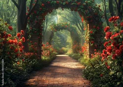 Stone path through a garden of red roses