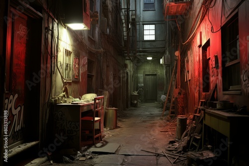 A dark and dirty alleyway with a red light shining at the end