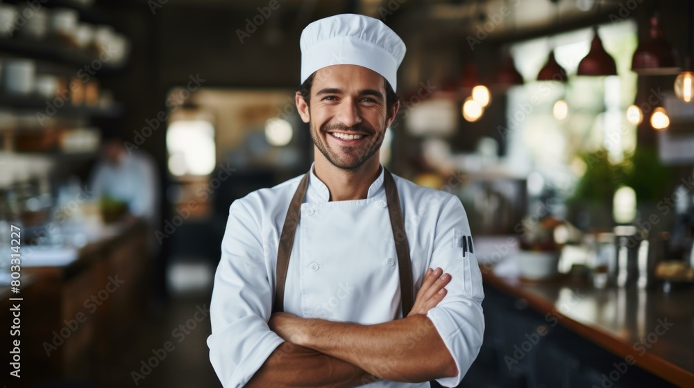 Portrait of a happy chef in a restaurant kitchen Portrait of a happy chef in a restaurant kitchen