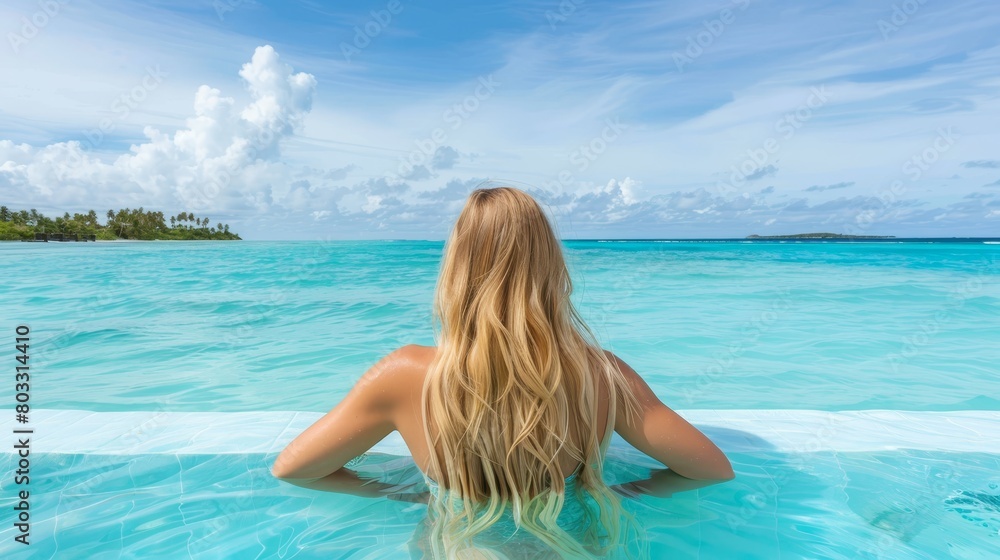 Young woman unwinding in the serene pool of a luxurious resort, enjoying leisure time