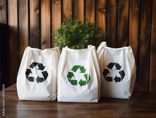 Set of biodegradable plastic bags with recycling symbol, eco-friendly packaging solution