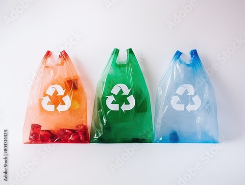 Set of biodegradable plastic bags with recycling symbol, eco-friendly packaging solution