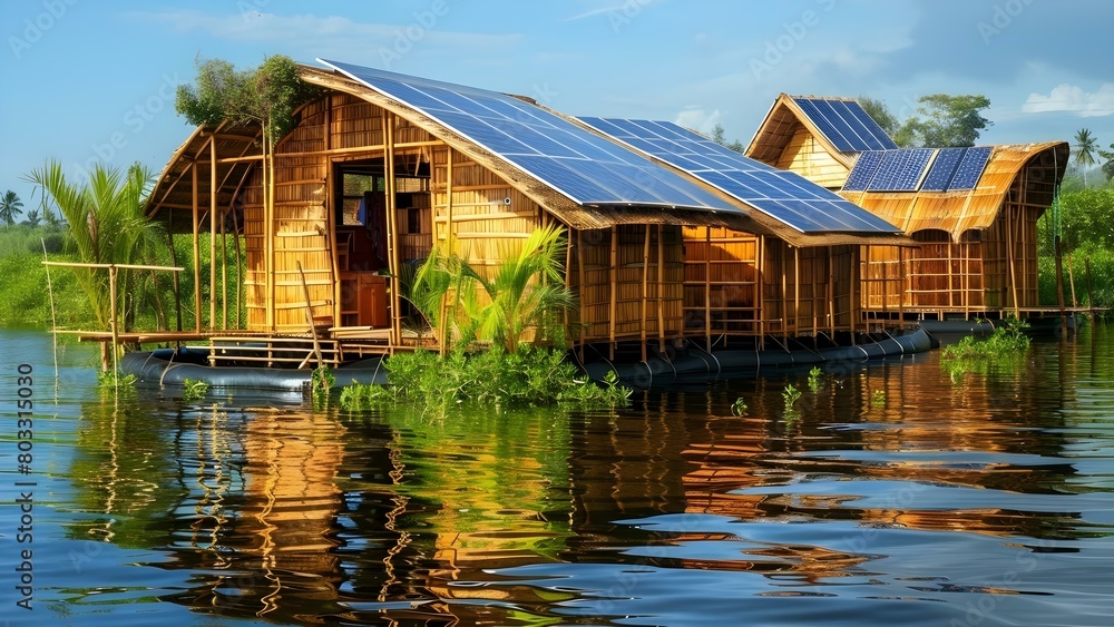 Sustainable floating village in Kerala, India featuring bamboo structures and solar panels. Concept Sustainable Architecture, Floating Village, Bamboo Structures, Solar Panels, Kerala, India