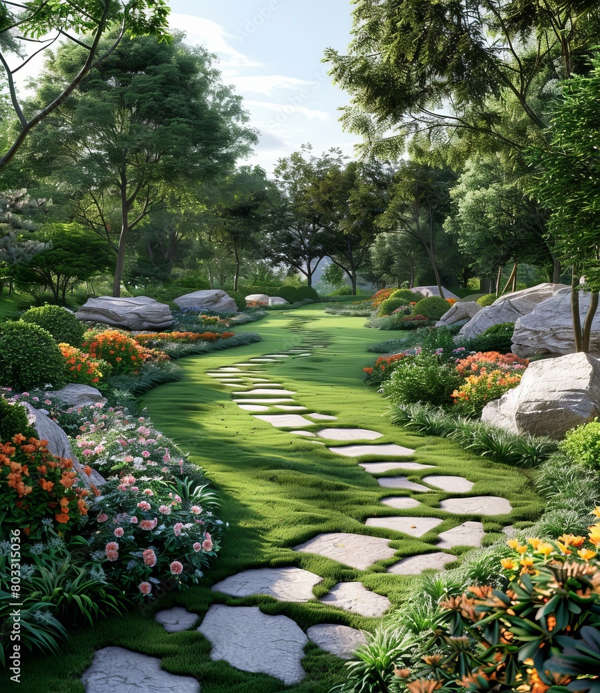 Stone path through a lush garden