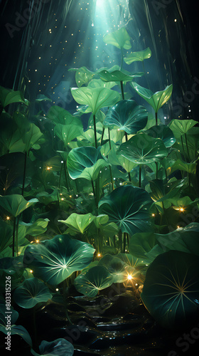 Night in rainforest with brook and moonlight with lotus leaves in nature