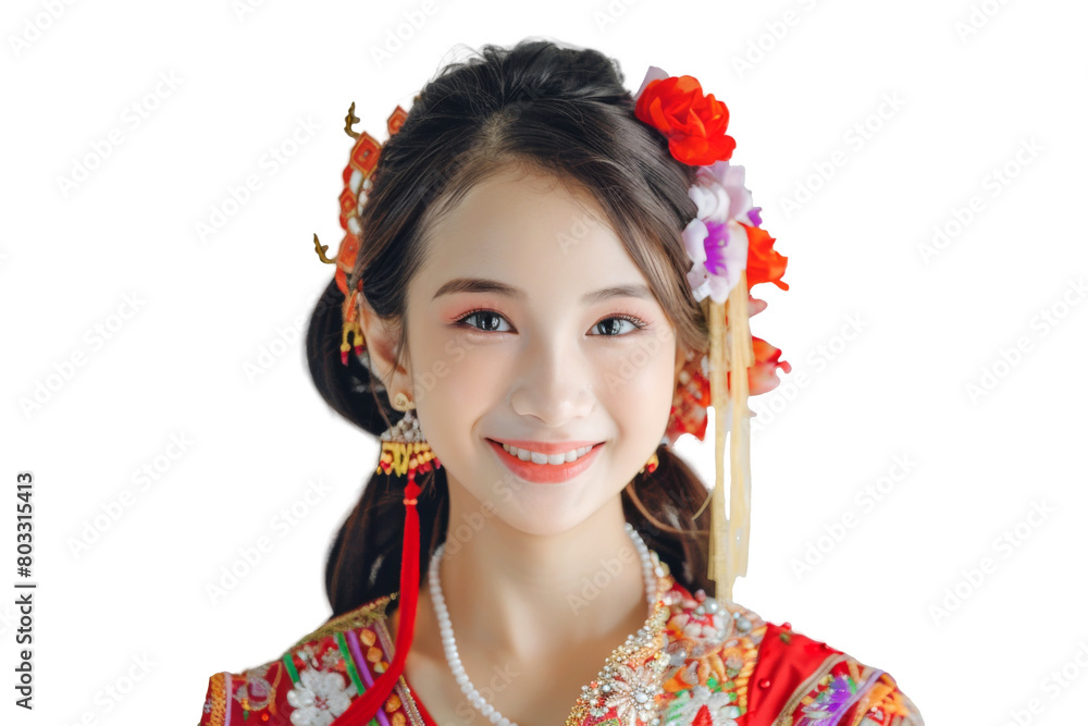 Portrait shot of Asian beautiful young woman with traditional outfit, Asian culture dress costume, isolated on transparent png background. Portrait shot of Asian beautiful young woman with traditional outfit, Asian culture dress costume, isolated on transparent png background.