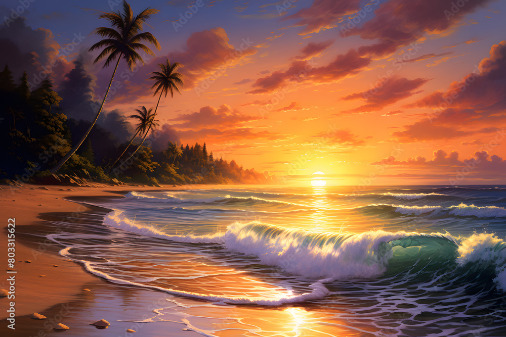 A serene beach at sunset, with soft golden sands, gentle waves, and a vivid array of colors in the sky  Generative Ai,