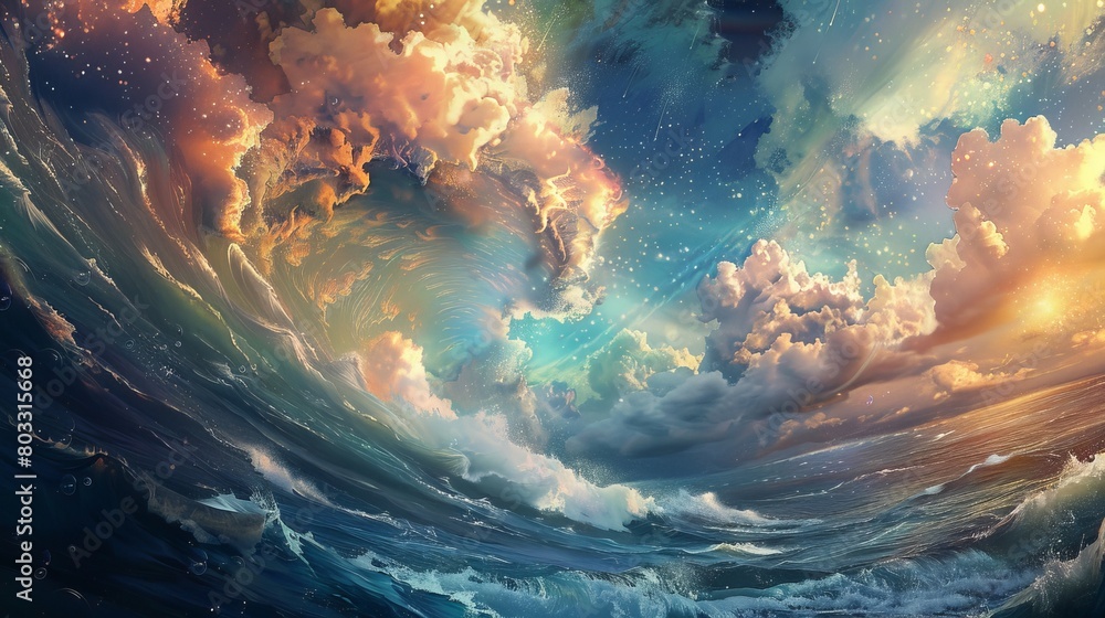 Surreal ocean waves under a vibrant sunset sky, perfect for imaginative and fantasy scenes