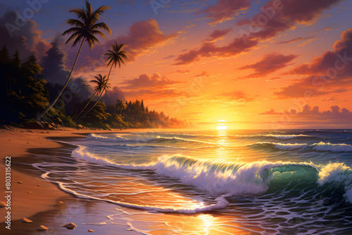 A serene beach at sunset, with soft golden sands, gentle waves, and a vivid array of colors in the sky Generative Ai,