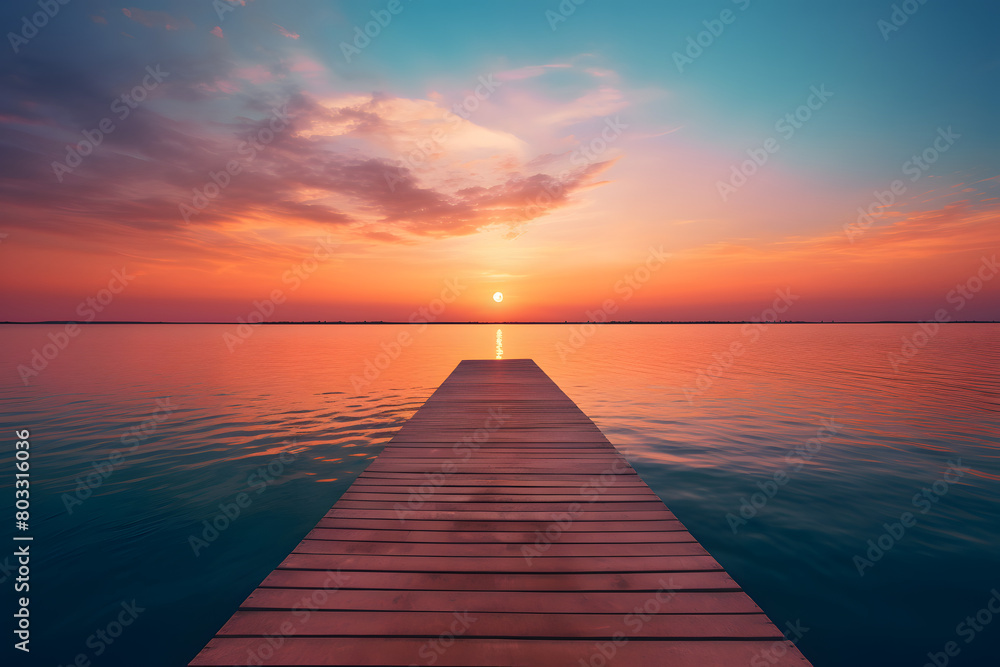 A tranquil seascape with a glowing golden sun dipping below the horizon, the colors of the sunset reflecting across the calm wat Generative Ai,